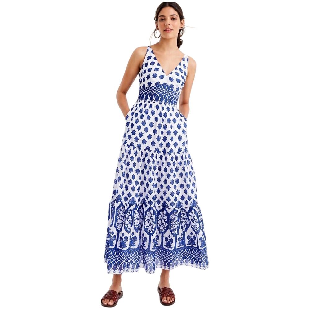 J Crew Blue Santorini block print maxi dress, v-neck, empire waist, pockets, 6